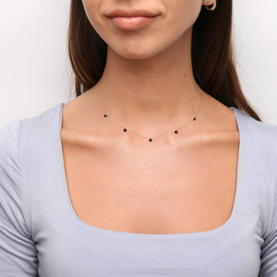 Naszyjnik złoty 585 Choker czarne cyrkonie wiszące 5 cyrkonii 36-40 cm 