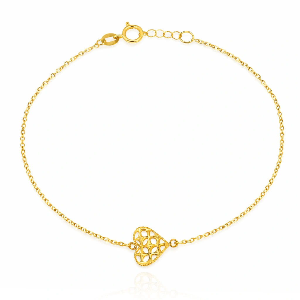 Złota bransoletka serce 585 serduszko ażurowe diamentowane 17-19 cm