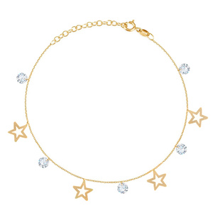 Bransoletka złota na nogę z gwiazdkami 585 celebrytka gwiazdki i białe cyrkonie 23-25 cm