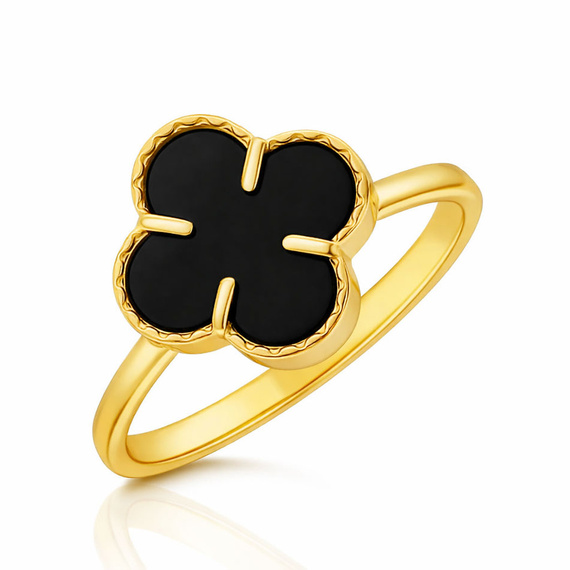 Złoty pierścionek 585 duża koniczynka kwiatek czarny onyks 
