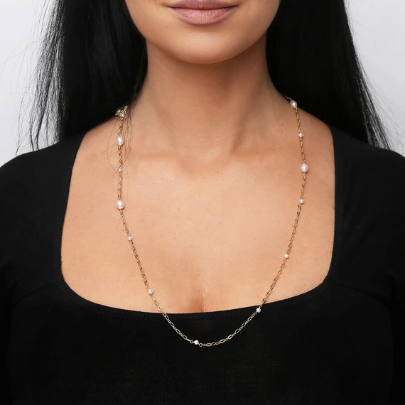 Srebrny naszyjnik pozłacany 925 długi z perłami ankier diamentowany 71 cm