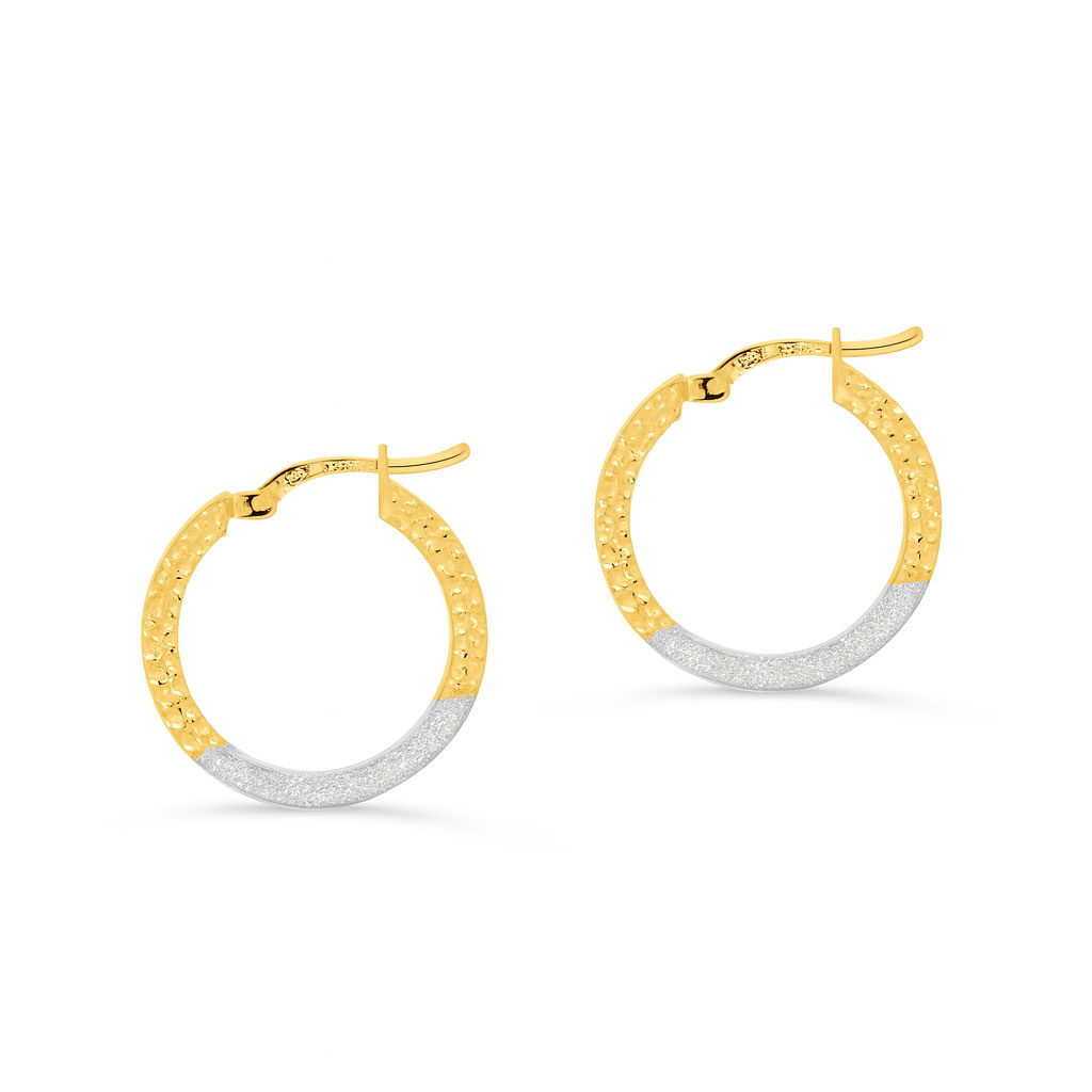 Złote kolczyki kółka 585 fasetowane diamentowane białe i żółte złoto na zatrzask
