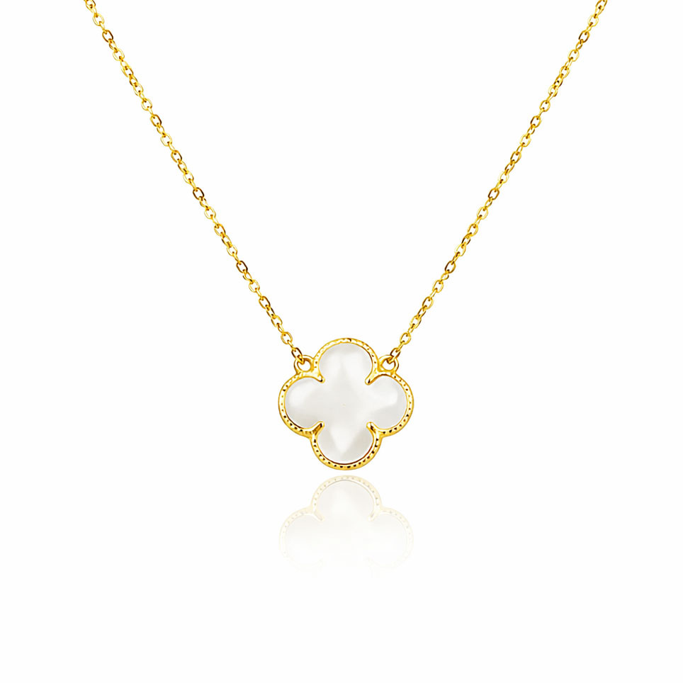 Złoty naszyjnik duża koniczynka biała 585 koniczyna kwiatek masa perłowa naturalna 42-45 cm