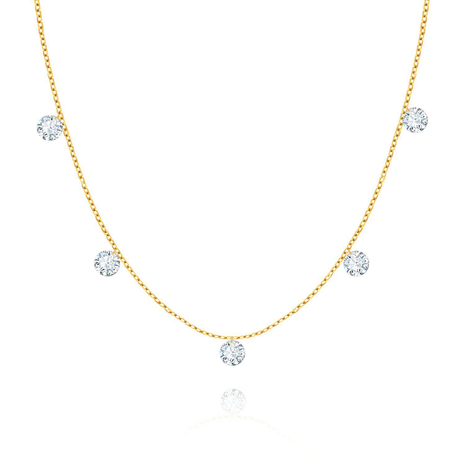 Naszyjnik złoty 585 Choker białe cyrkonie wiszące 5 cyrkonii 36-40 cm