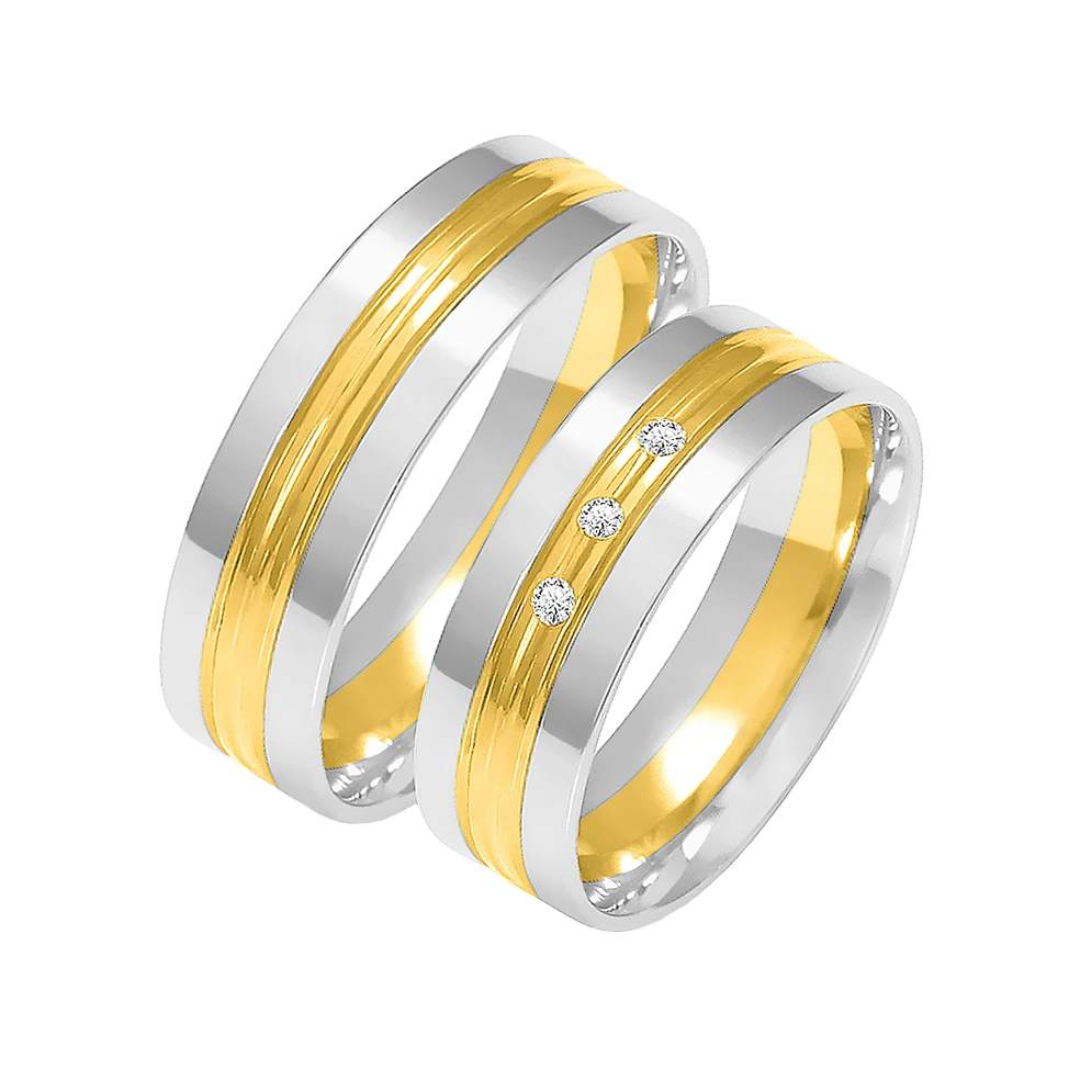 Obrączki ślubne para: białe i żółte złoto 585, diamenty, płaskie, 6 mm