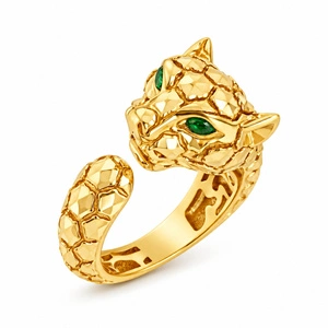 Złoty pierścionek 585 tygrys gepard lampart zielone cyrkonie