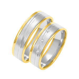Obrączki ślubne para: białe i żółte złoto 585, diamenty, satynowane, 6 mm