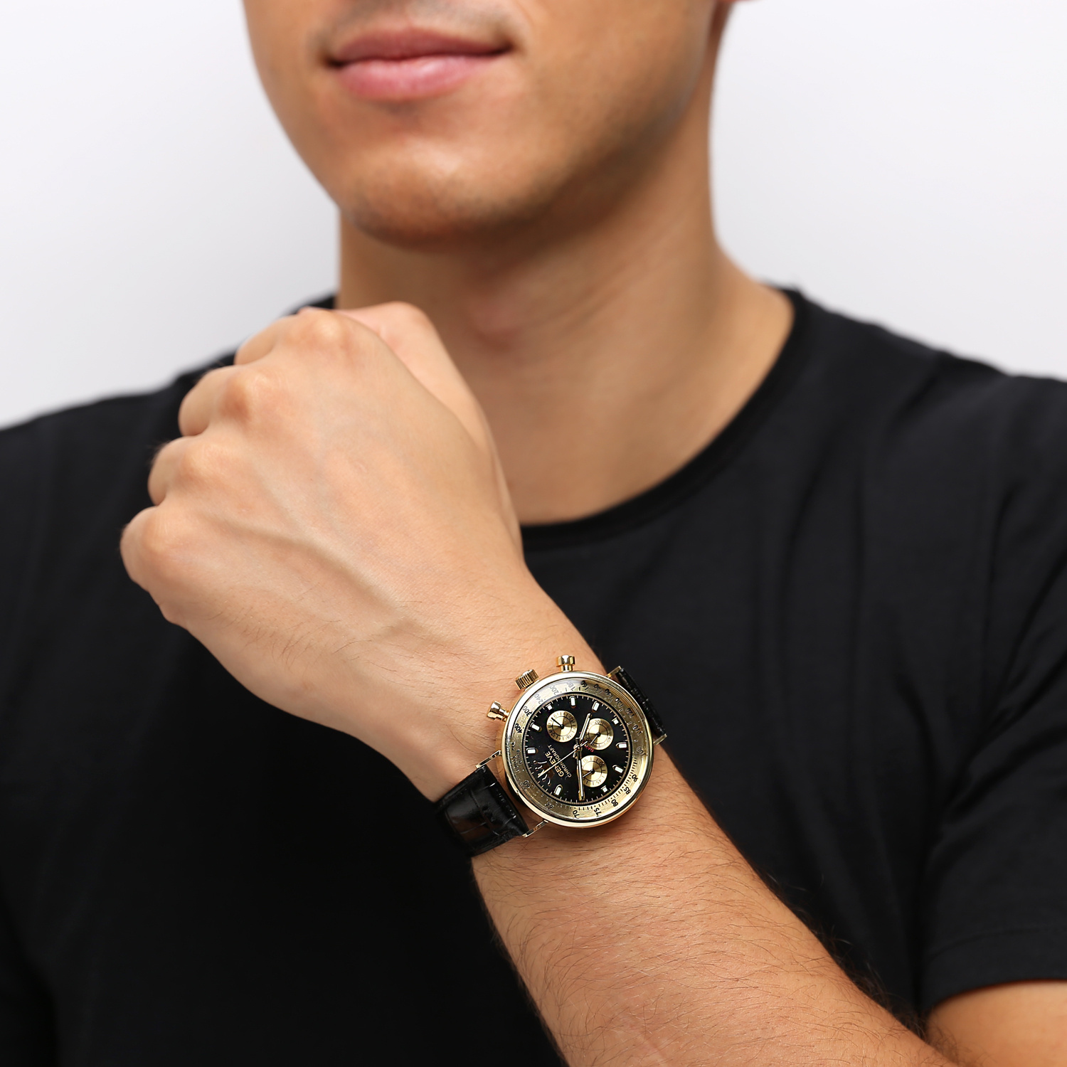 Złoty zegarek męski Geneve Chronograf 14K 585 czarny pasek skórzany złoto-czarna tarcza