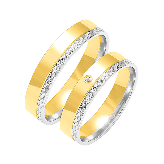 Obrączka ślubna damska: białe i żółte złoto 585, diament, ozdobne diamentowanie, 5 mm