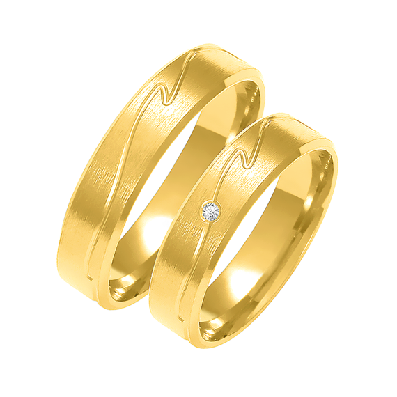 Obrączka ślubna damska: złoto 585, satynowana, tłoczona fala, diament, 5 mm