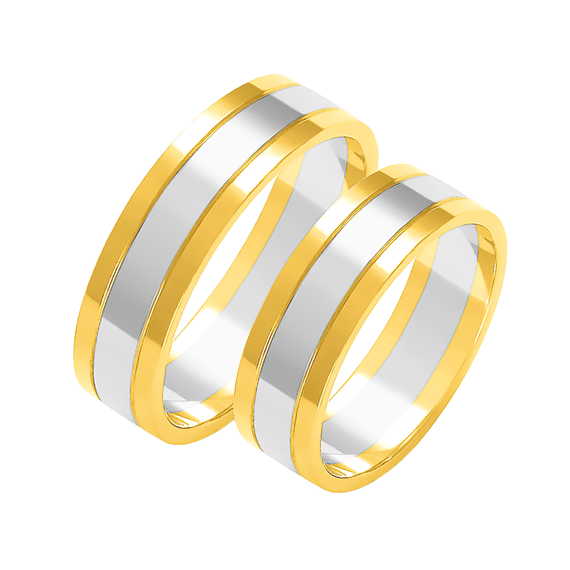 Obrączka ślubna męska: białe i żółte złoto 585, klasyczna, płaska, 6 mm