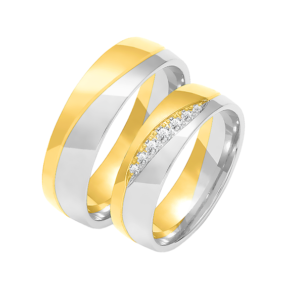 Obrączka ślubna męska: białe i żółte złoto 585, półokrągła, 6 mm
