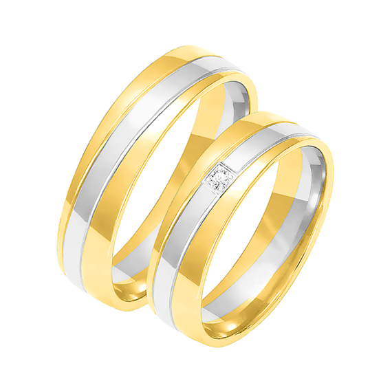 Obrączki ślubne para: białe i żółte złoto 585, diament, płaskie, 5,5 mm