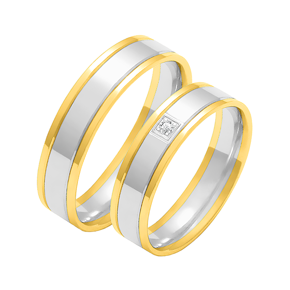 Obrączki ślubne para: białe i żółte złoto 585, diament, płaskie, 5 mm