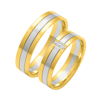 Obrączka ślubna damska: białe i żółte złoto 585, diamenty, płaska, 5 mm
